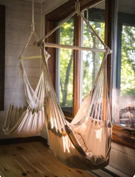 Sunlight falling on cream hammock chairs beside wooden windows at Temple of Devotion.